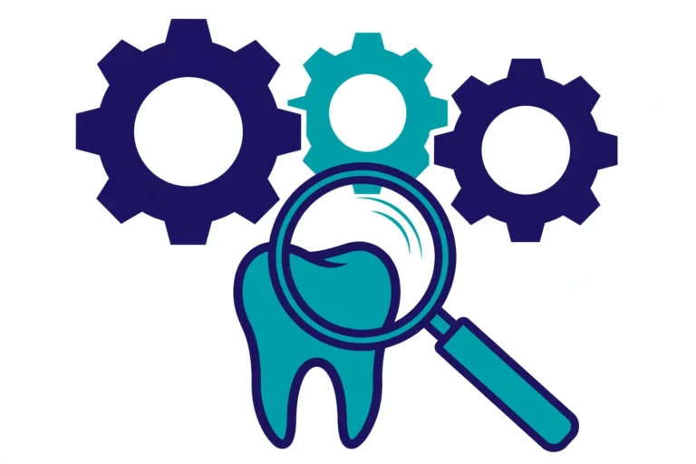 Illustration of gears and a magnifier over a tooth representing dental SEO