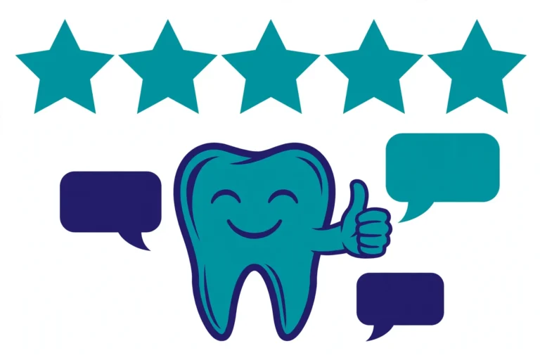 Illustration of five stars and a smiling tooth representing dental Google reviews