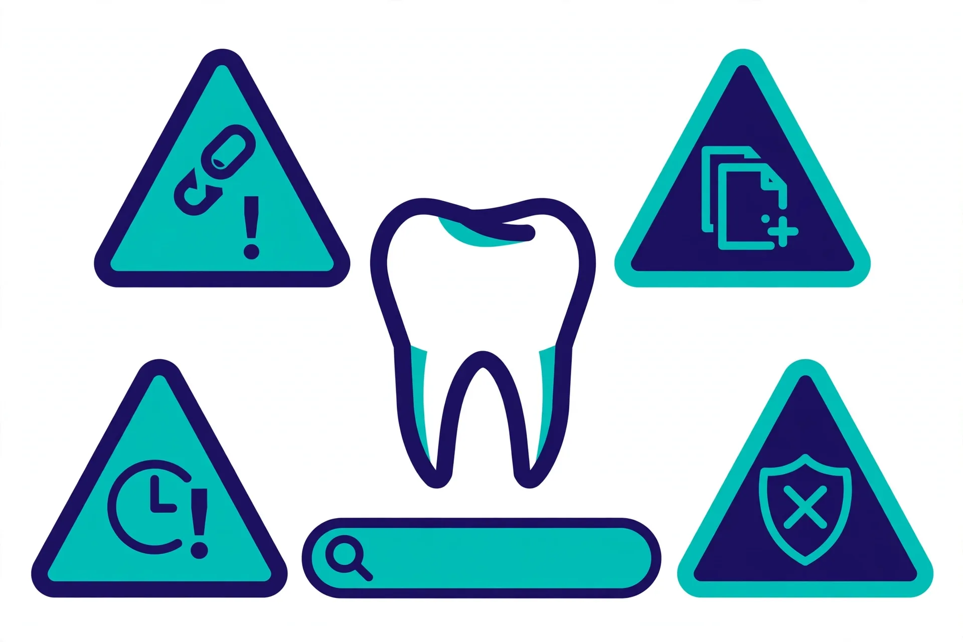 Illustration of warning signs around a tooth representing dental SEO mistakes