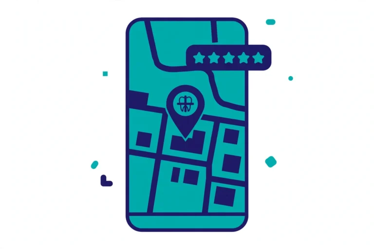 Illustration of a phone showing a dental clinic on Google Maps