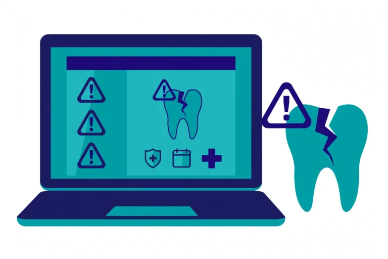 Illustration of a laptop with warning signs showing dental website mistakes