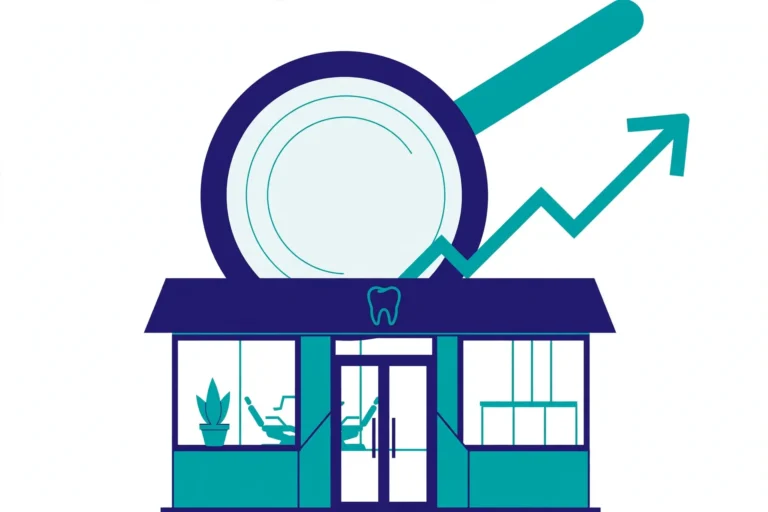 Illustration of a dental clinic with a magnifier and growth arrow for dental SEO