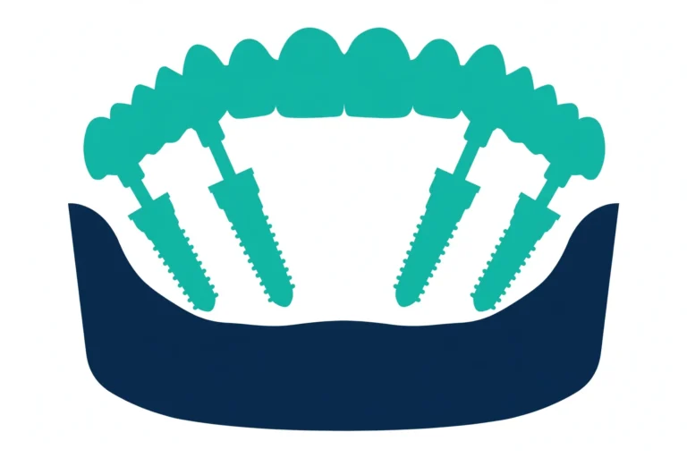 All-on-4 dental implant concept showing four angled implants supporting a full upper arch of fixed teeth