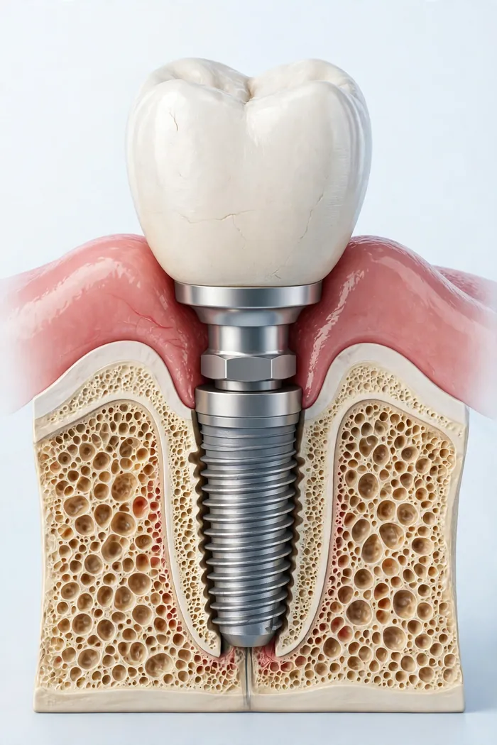 Diagram of a dental implant showing the titanium post in the jawbone, abutment, and crown