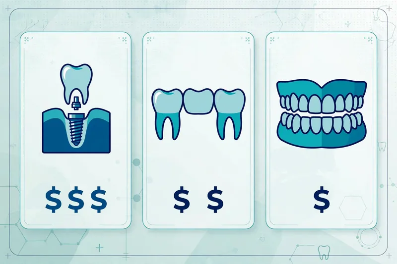 Infographic comparing the relative cost of dental implants, dental bridges, and dentures