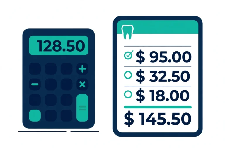 Calculator and dental insurance paperwork showing implant cost figures
