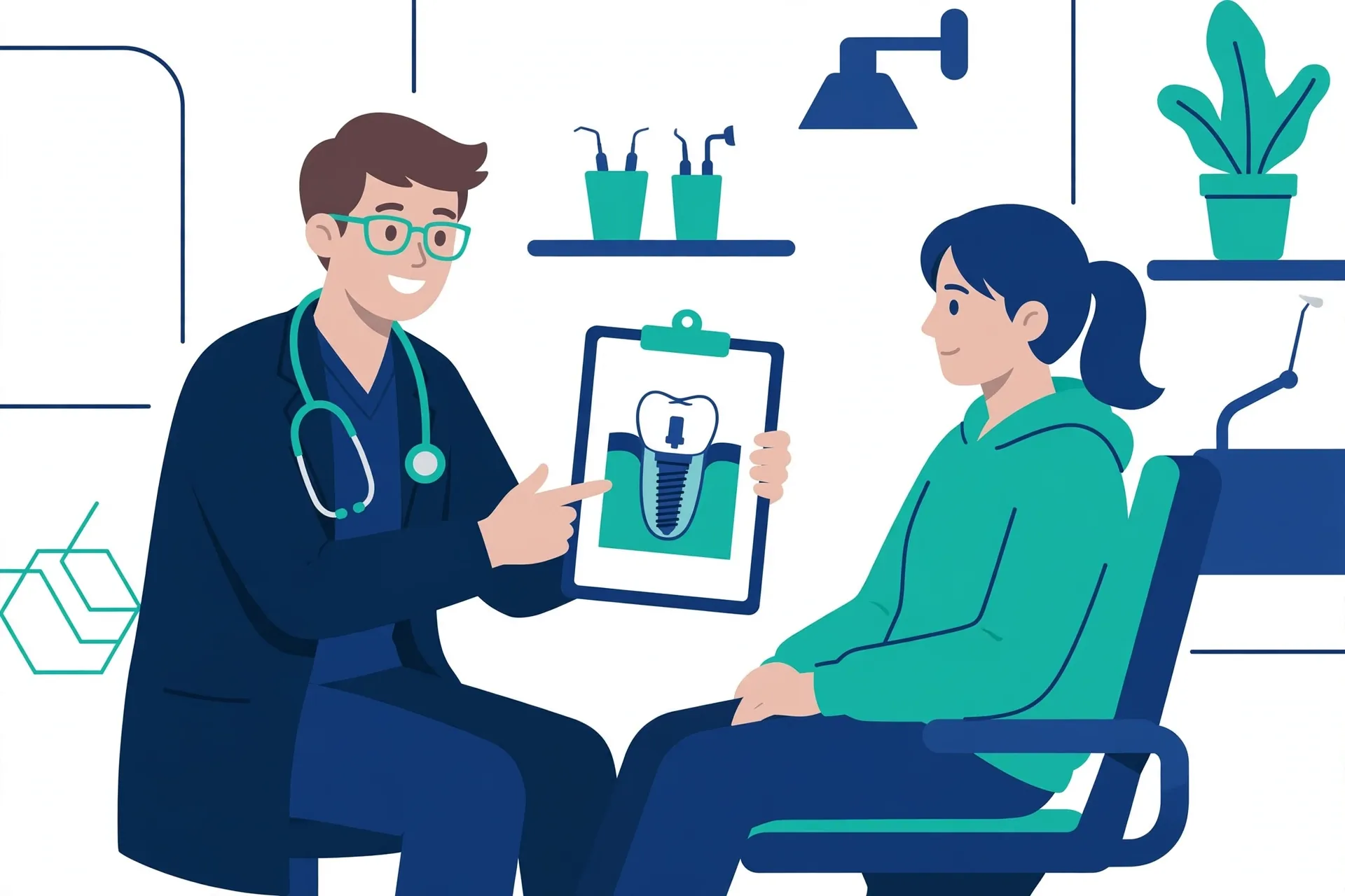 Dentist explaining an implant treatment plan to a patient in a clinic office