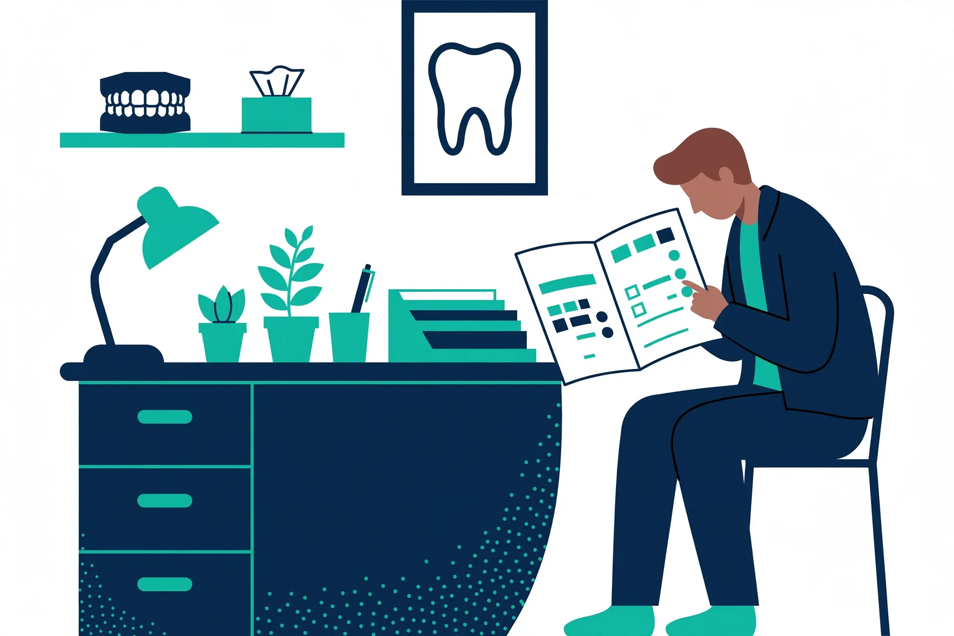 Dental office reception desk with patient reviewing treatment plan paperwork