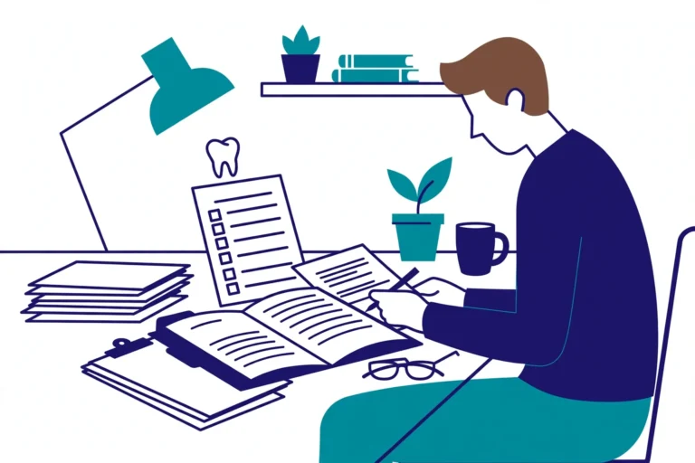 Person reviewing dental insurance benefits documents and EOB paperwork at a home desk