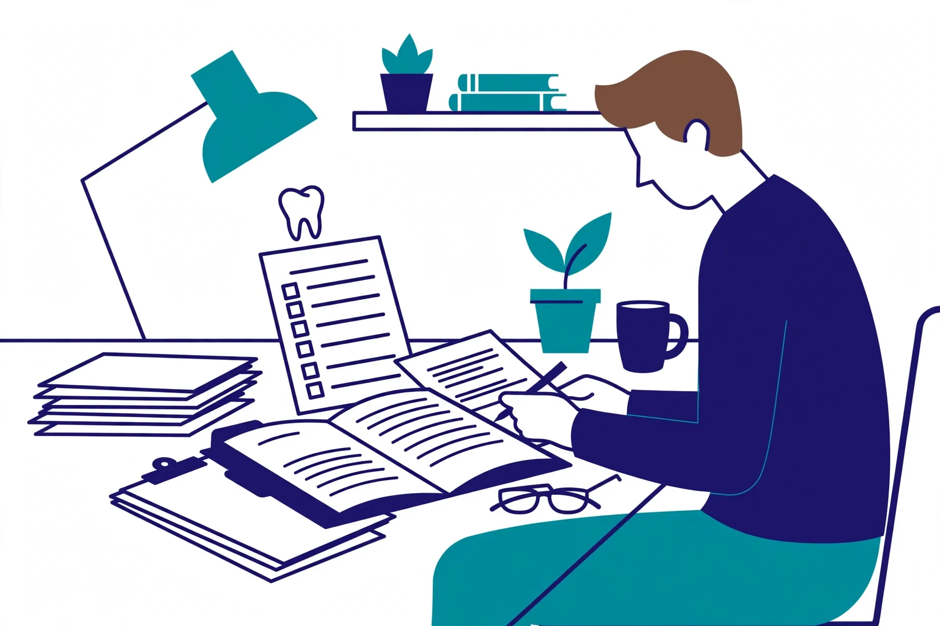 Person reviewing dental insurance benefits documents and EOB paperwork at a home desk