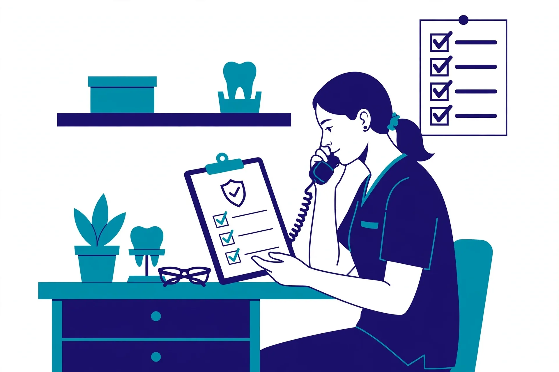 Dental office staff member calling an insurance company to verify patient benefits