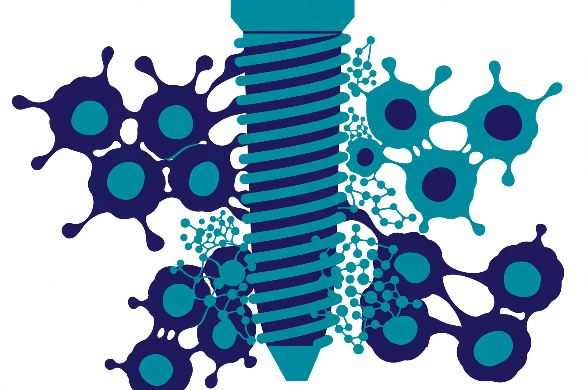 Close-up illustration of bone cells fusing to the threaded surface of a titanium implant post
