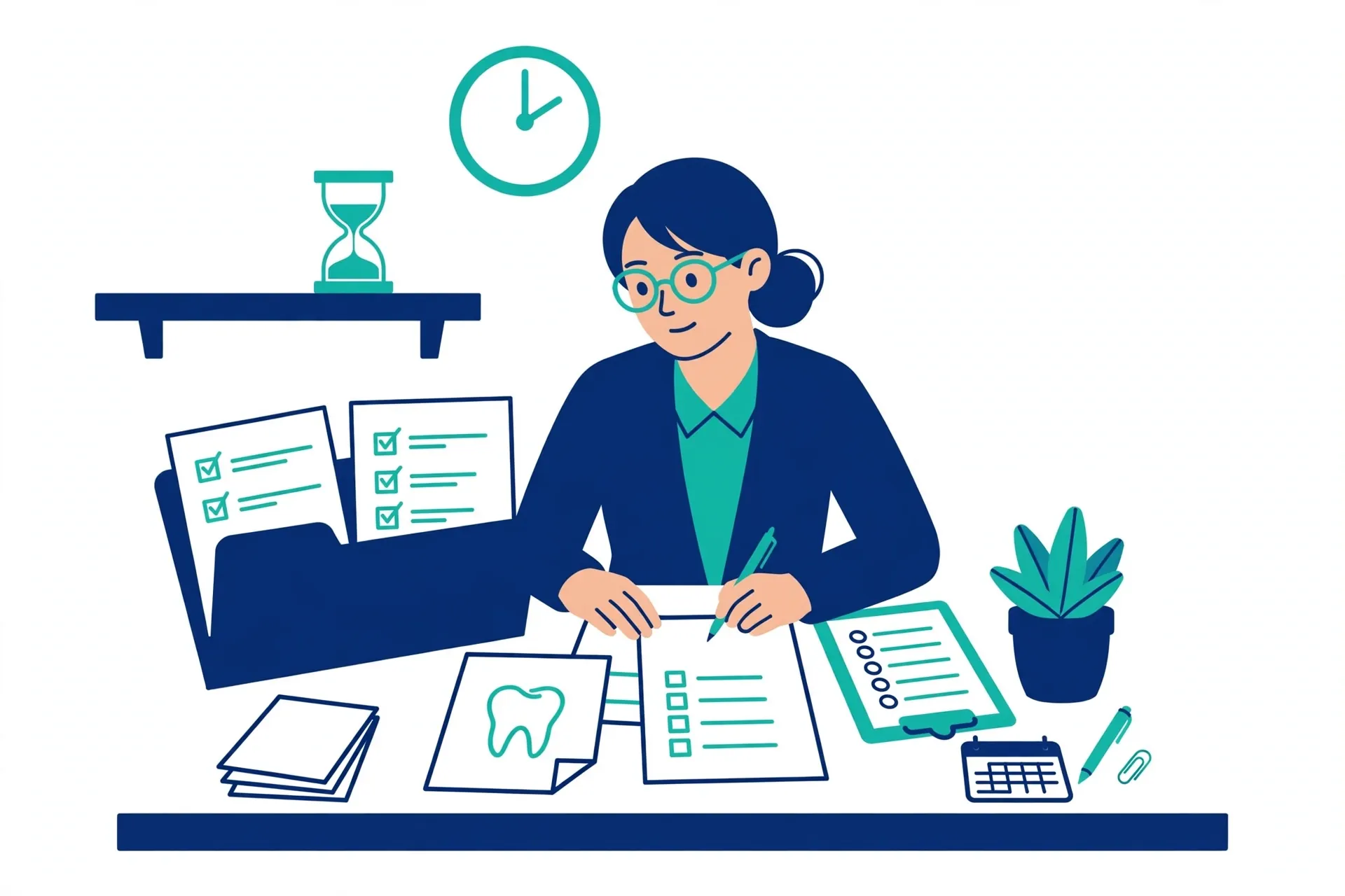 Person reviewing dental insurance plan documents at a desk before an appointment