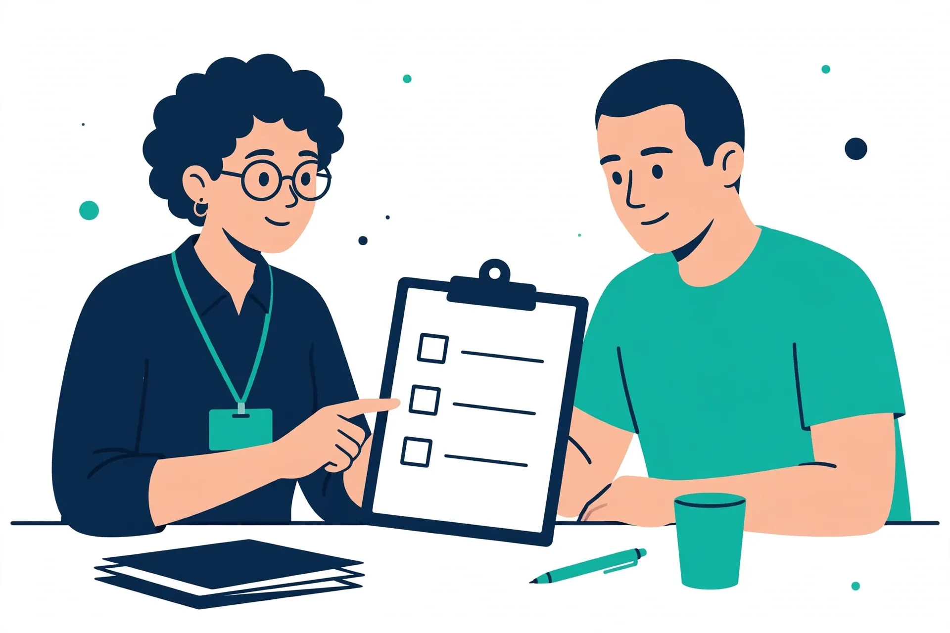 Billing coordinator reviewing an itemized pre-treatment estimate with a patient