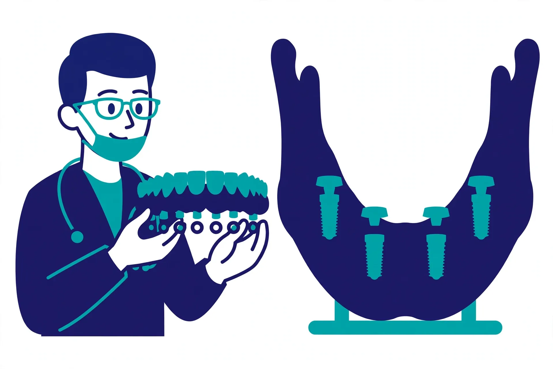 Dentist holding a snap-in implant denture next to a model of jawbone implants