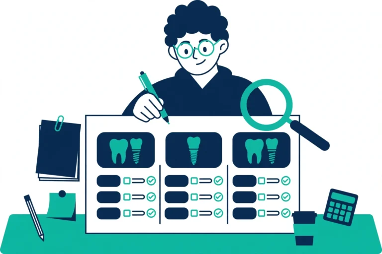 Person comparing dental implant provider quotes on a worksheet at a desk