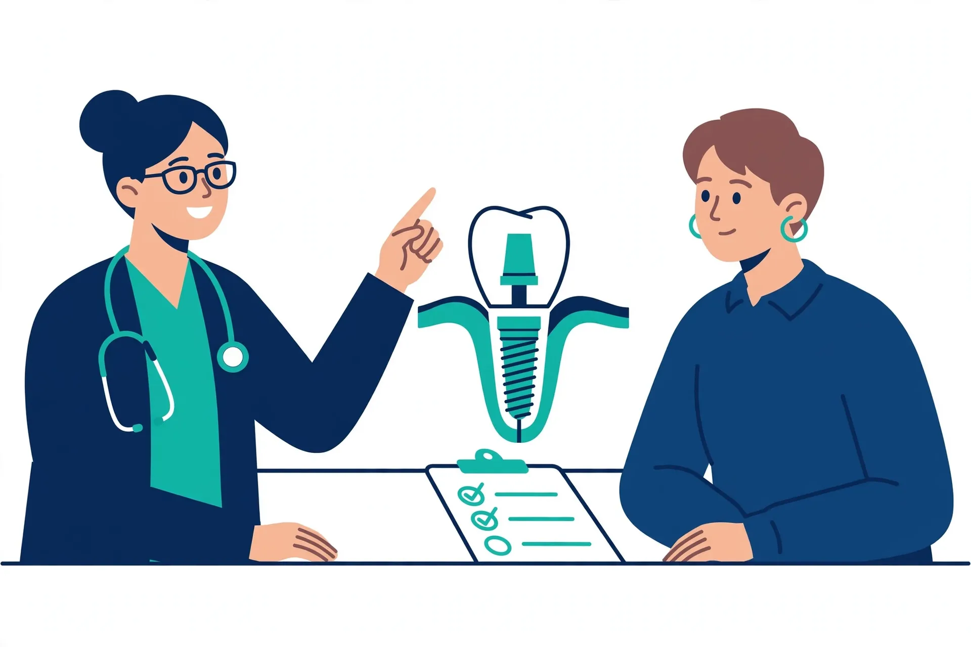 Dentist explaining an implant treatment plan to a patient during a consultation